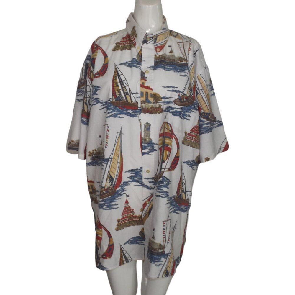 REYN SPOONER Hawaiian Shirt, XXL, White/Multicolor Sailboats, Cotton, Short slv - Picture 8 of 10